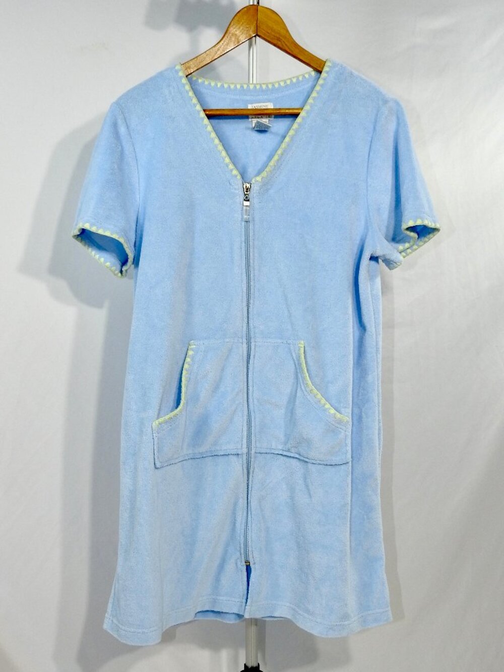 Jasmine Rose Sz Med Intimate Robe Blue Terrycloth Plush Vintage Embroidered